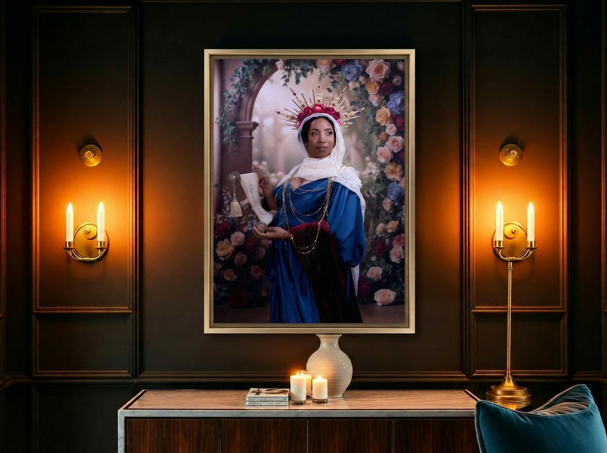 Large framed family portrait in a dark elegant room