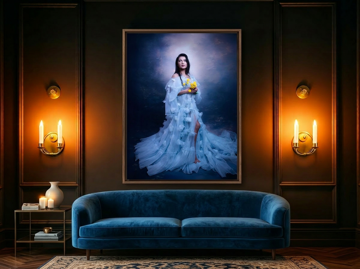 Living room gallery wall with framed family portraits
