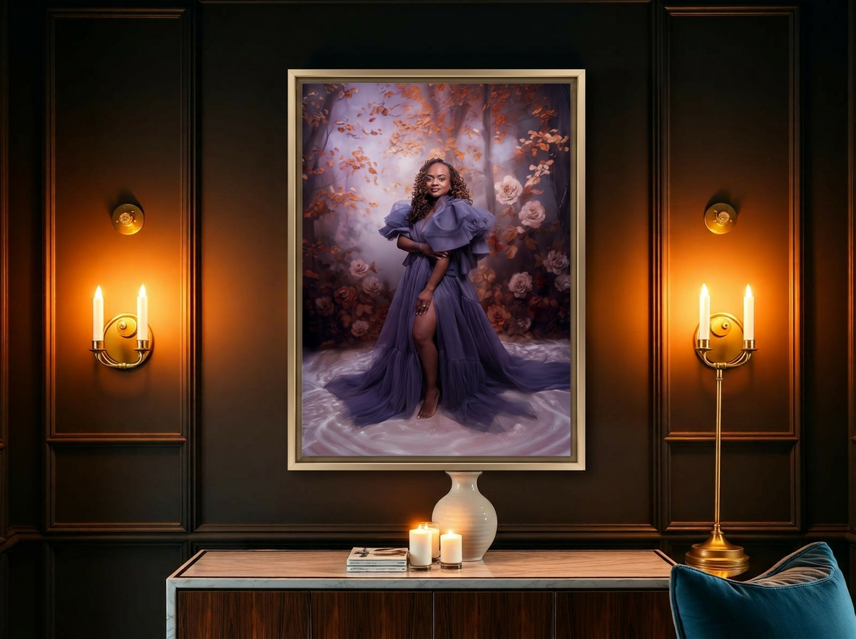 Float-framed fine art portrait displayed in an elegant warmly lit interior